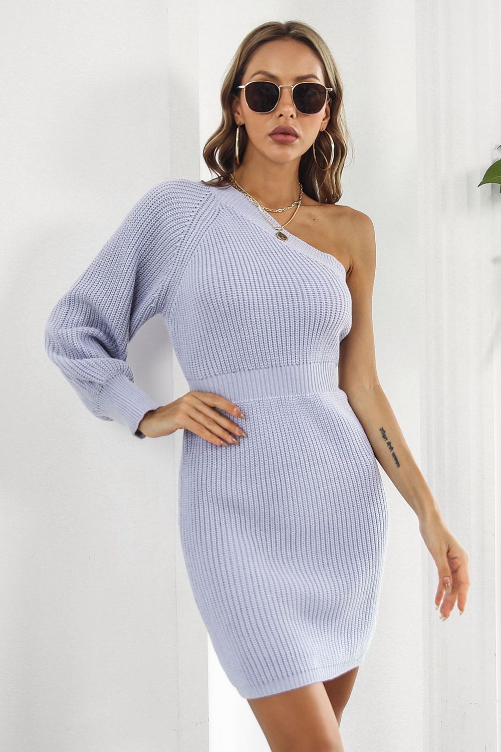 One Shoulder Raglan Sleeve Pencil Sweater Dress - Pahabu - Women's Clothing & Shop