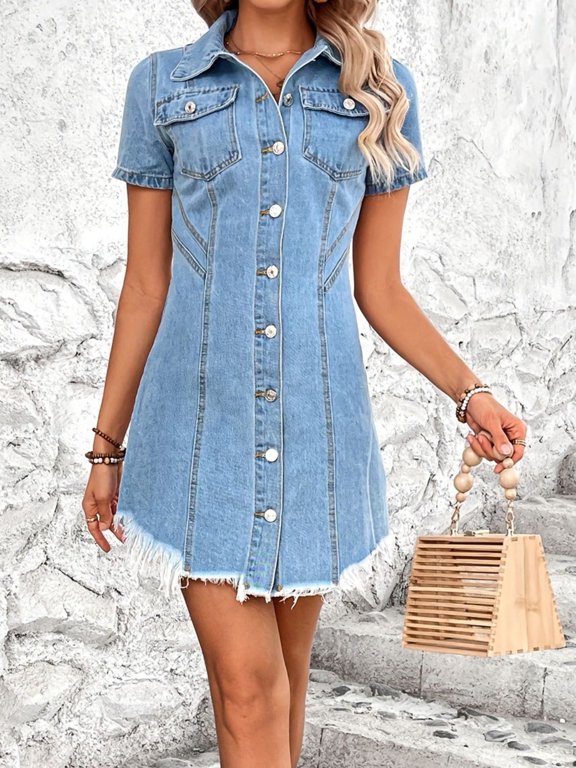 Raw Hem Button Up Short Sleeve Denim Dress - Pahabu - Women's Clothing & Shop