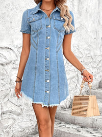 Raw Hem Button Up Short Sleeve Denim Dress - Pahabu - Women's Clothing & Shop