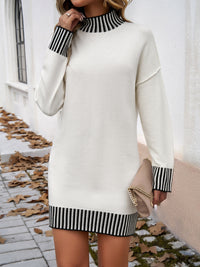 Devine Striped Mock Neck Long Sleeve Sweater Dress - Pahabu - Women's Clothing & Shop