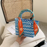 Contrast Woven Handbag with Ribbon - Pahabu - Women's Clothing & Shop