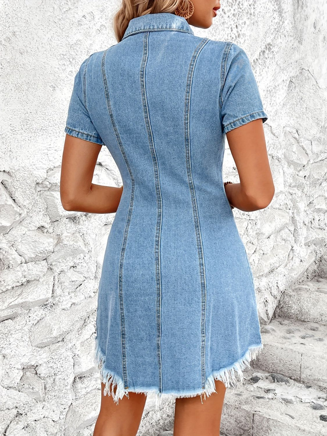 Raw Hem Button Up Short Sleeve Denim Dress - Pahabu - Women's Clothing & Shop