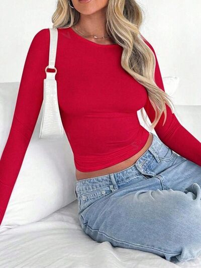Solid Color Round Neck Long Sleeve T-Shirt - Pahabu - Women's Clothing & Shop