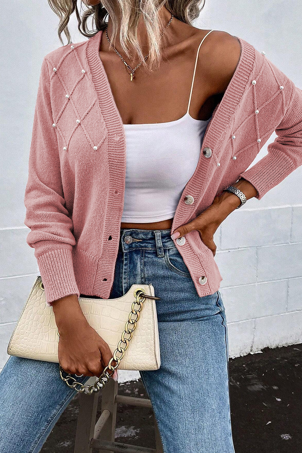 Beaded V-Neck Button Up Long Sleeve Cardigan - Pahabu - Women's Clothing & Shop