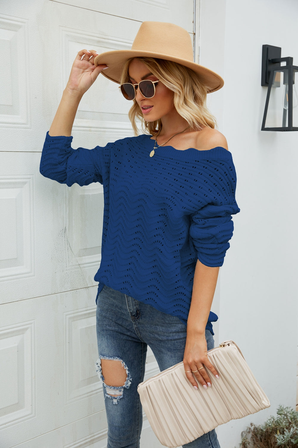 Woven Right Scalloped Boat Neck Openwork Tunic Sweater - Pahabu - Women's Clothing & Shop