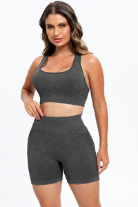 3 Piece Washed Square Neck Wide Strap Active Set - Pahabu - Women's Clothing & Shop