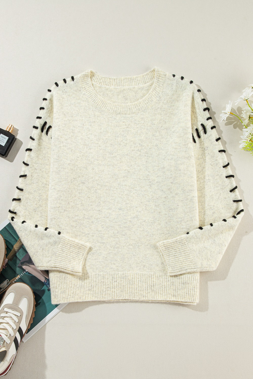 Contrast Stitch Detail Ribbed Trim Sweater - Pahabu - Women's Clothing & Shop