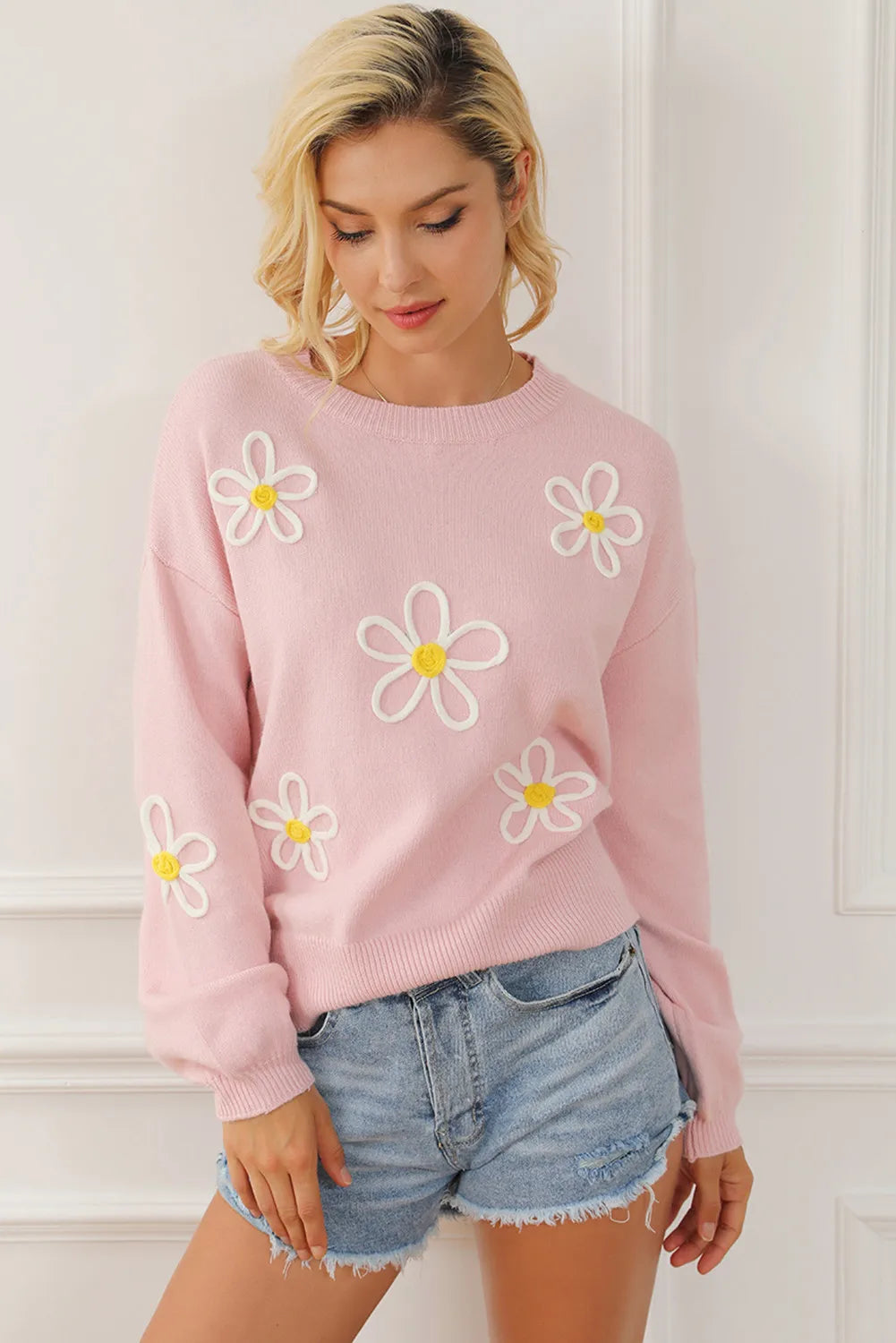 Flower Round Neck Dropped Shoulder Sweater - Pahabu - Women's Clothing & Shop
