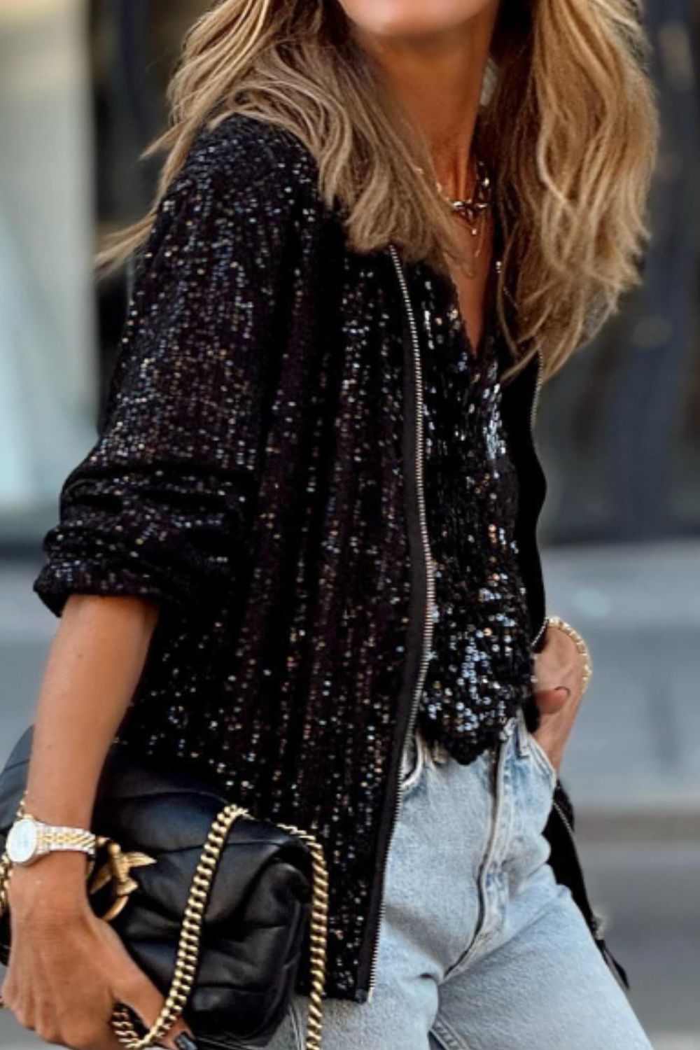 Sequin Zip Up Long Sleeve Jacket - Pahabu - Women's Clothing & Shop