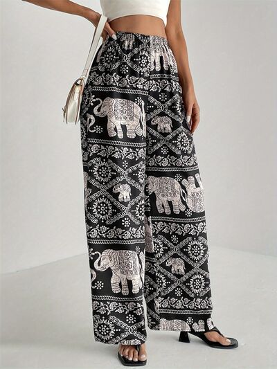 Printed Wide Leg Elastic Waist Pants - Pahabu - Women's Clothing & Shop