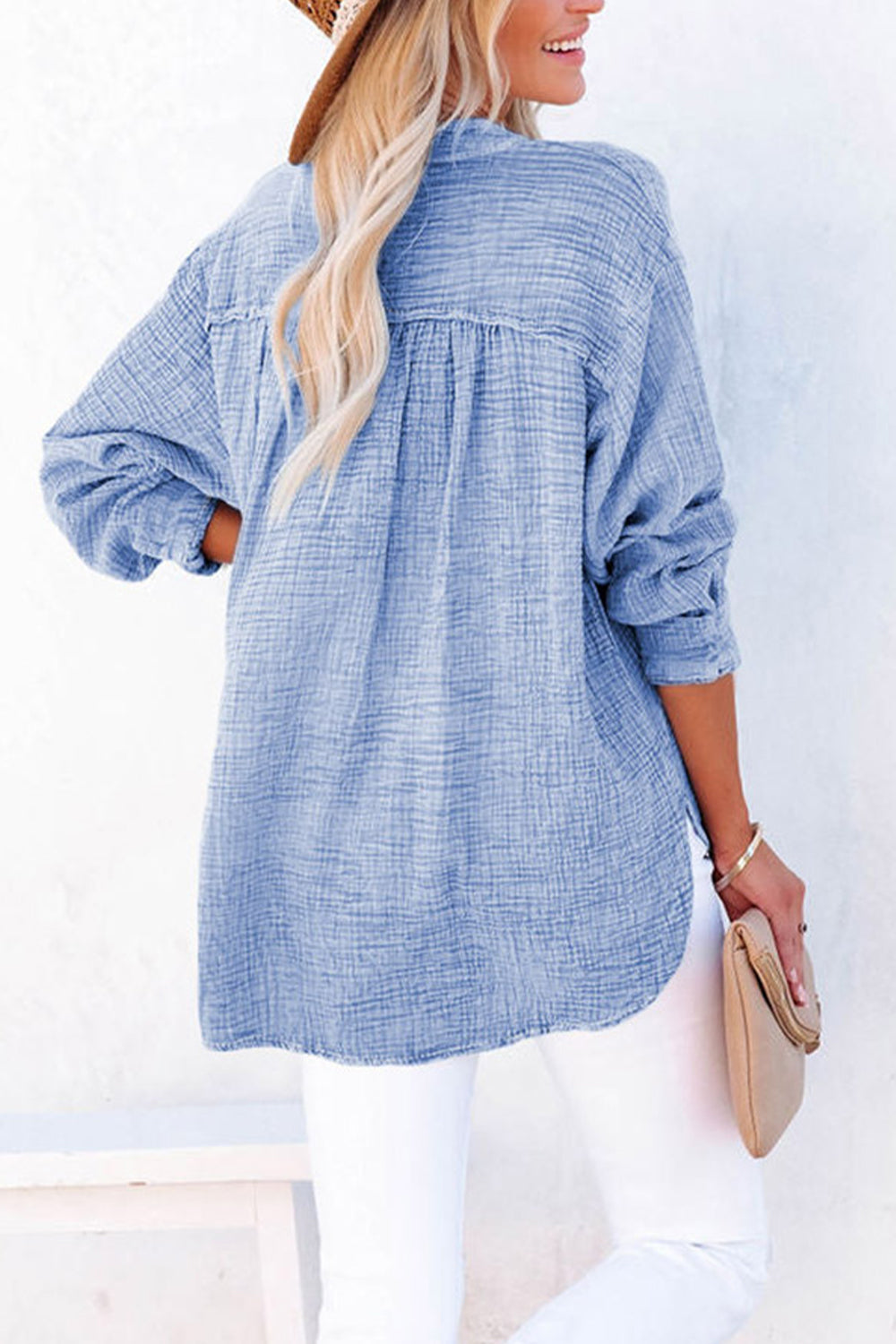 Buttoned Long Sleeve Blouse - Pahabu - Women's Clothing & Shop
