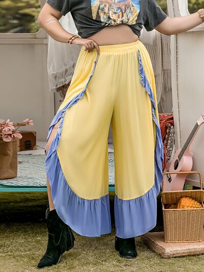 Plus Size Contrast Ruffled Wide Leg Pants - Pahabu - Women's Clothing & Shop