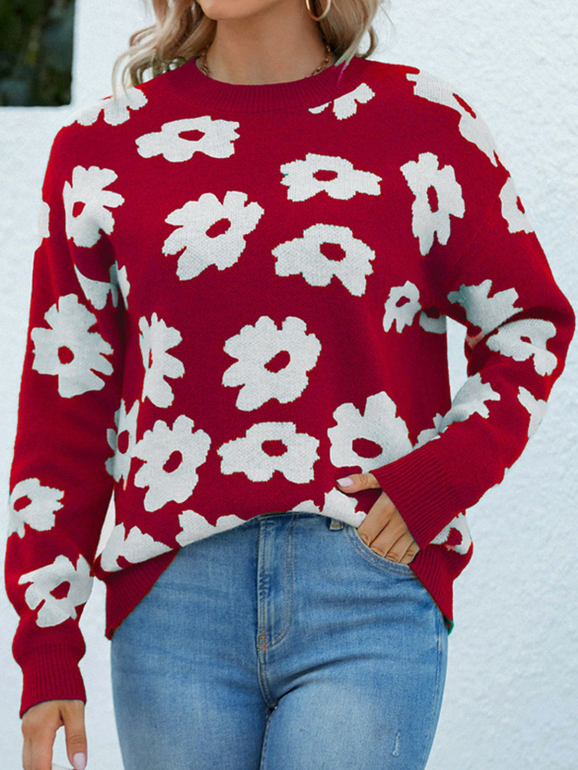Floral Round Neck Sweater - Pahabu - Women's Clothing & Shop
