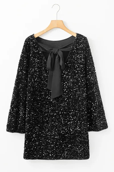 Sequin Round Neck Long Sleeve Mini Dress - Pahabu - Women's Clothing & Shop