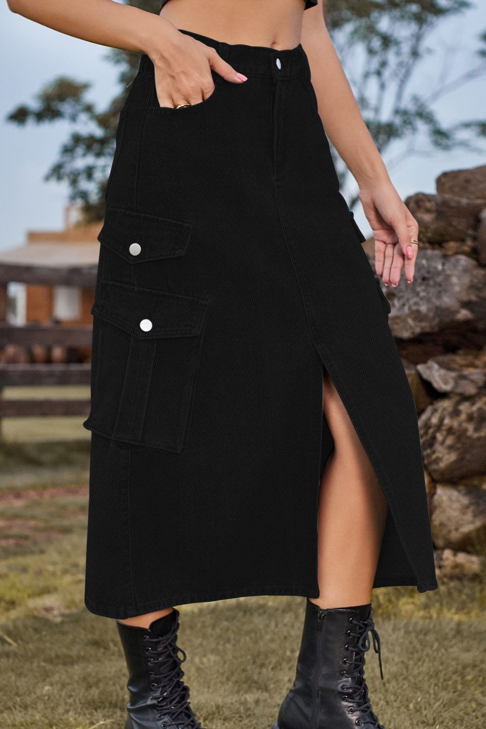 Slit Front Midi Denim Skirt with Pockets - Pahabu - Women's Clothing & Shop
