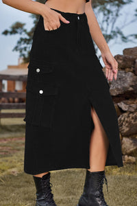 Slit Front Midi Denim Skirt with Pockets - Pahabu - Women's Clothing & Shop