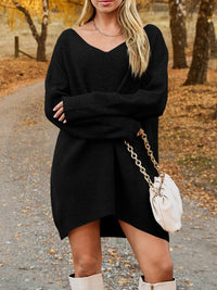 V-Neck Dropped Shoulder Sweater Dress - Pahabu - Women's Clothing & Shop