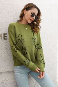 Cat Pattern Round Neck Long Sleeve Pullover Sweater - Pahabu - Women's Clothing & Shop
