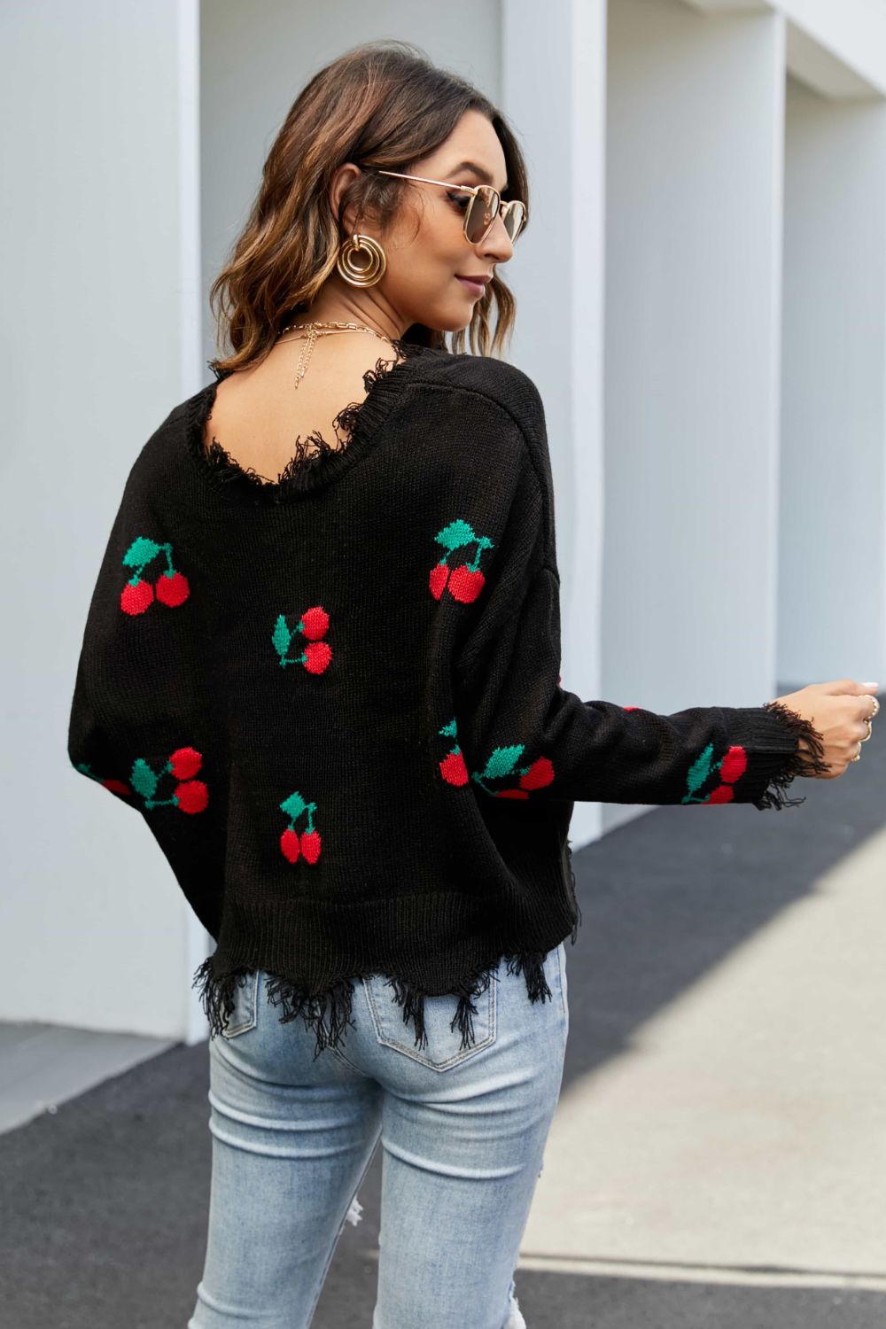 Cherry Pattern Frayed Trim V-Neck Sweater - Pahabu - Women's Clothing & Shop