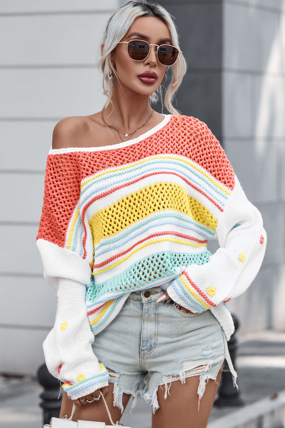 Openwork Striped Round Neck Long Sleeve Sweater - Pahabu - Women's Clothing & Shop