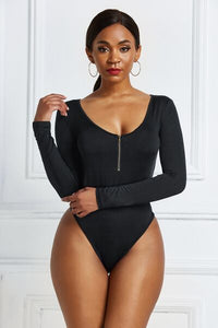 Half Zip Scoop Neck Long Sleeve Bodysuit - Pahabu - Women's Clothing & Shop