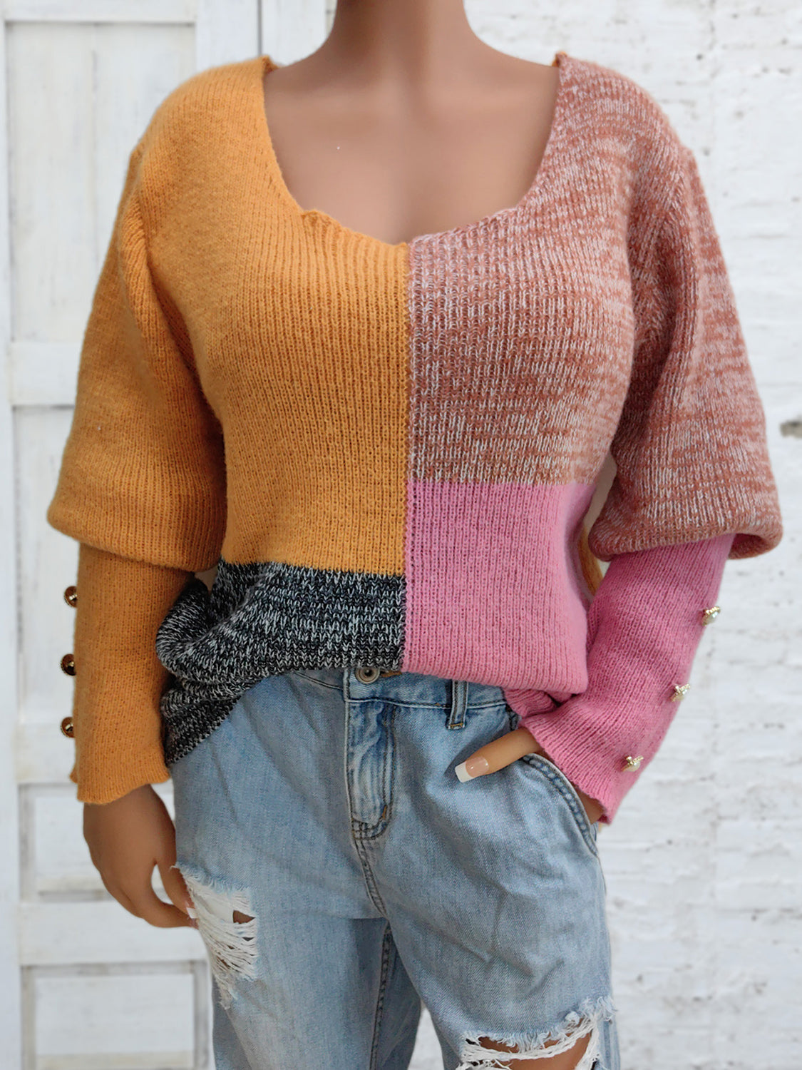 Color Block Decorative Button Long Sleeve Sweater - Pahabu - Women's Clothing & Shop