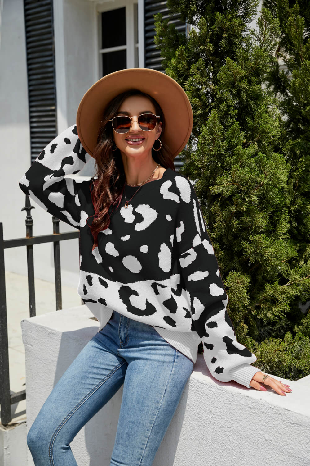 Woven Right Leopard Ribbed Trim Dropped Shoulder Sweater - Pahabu - Women's Clothing & Shop