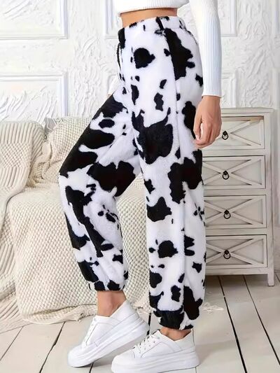 Fuzzy Cow Print Elastic Waist Pants - Pahabu - Women's Clothing & Shop