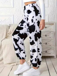 Fuzzy Cow Print Elastic Waist Pants - Pahabu - Women's Clothing & Shop
