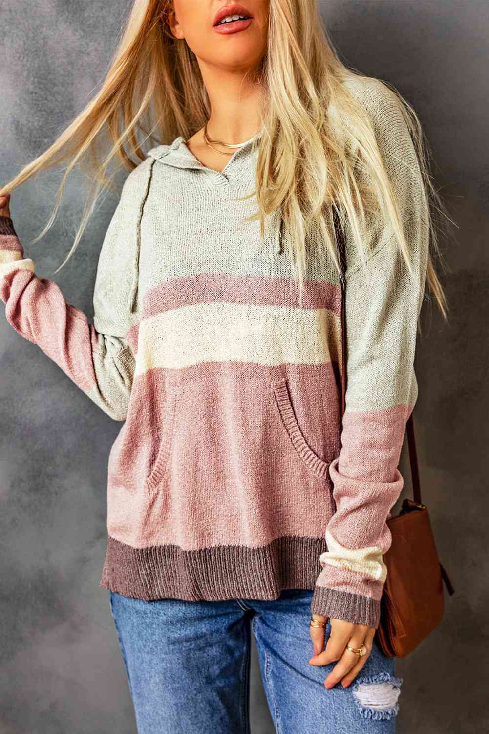 Color Block Drawstring Side Slit Hooded Sweater - Pahabu - Women's Clothing & Shop