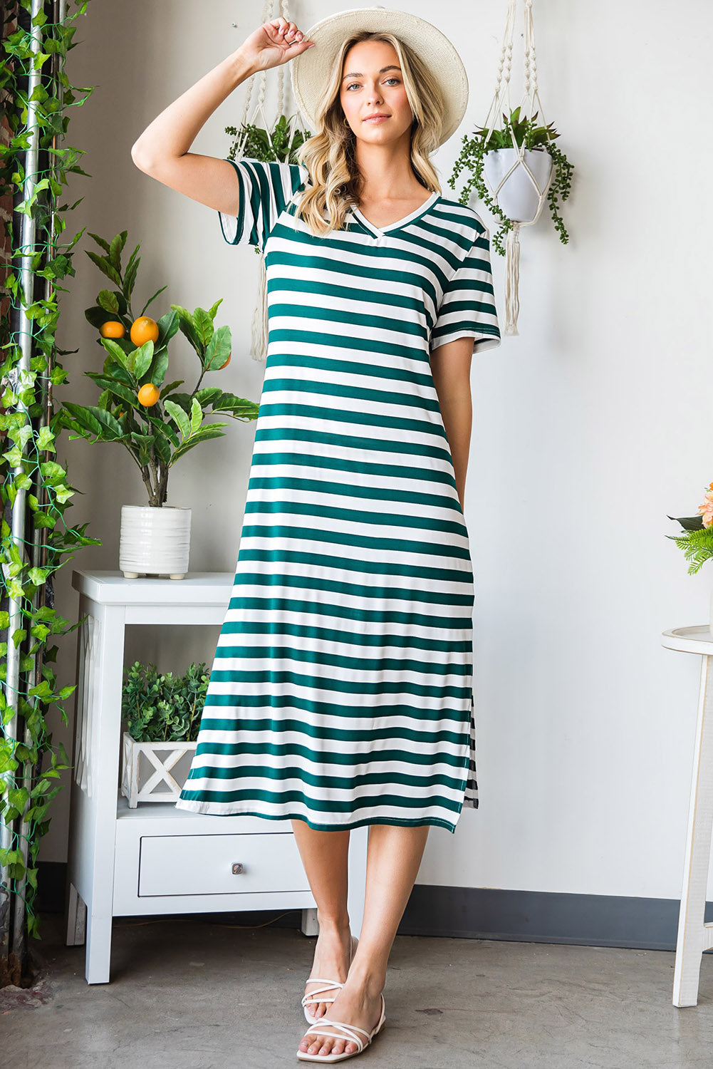 Striped V-Neck Short Sleeve Side Slit Dress - Pahabu - Women's Clothing & Shop