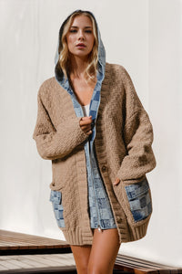 Double Take Full Size Hooded Denim Spliced Sweater Cardigan - Pahabu - Women's Clothing & Shop