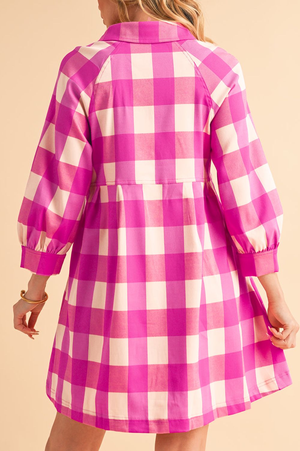 Ruched Plaid Three-Quarter Sleeve Shirt Dress - Pahabu - Women's Clothing & Shop