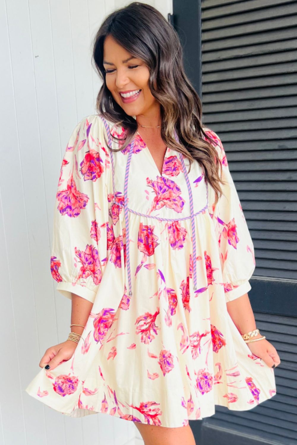 Tied Flower Printed Three-Quarter Sleeve Dress - Pahabu - Women's Clothing & Shop