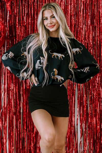 Animal Pattern Round Neck Long Sleeve Blouse - Pahabu - Women's Clothing & Shop