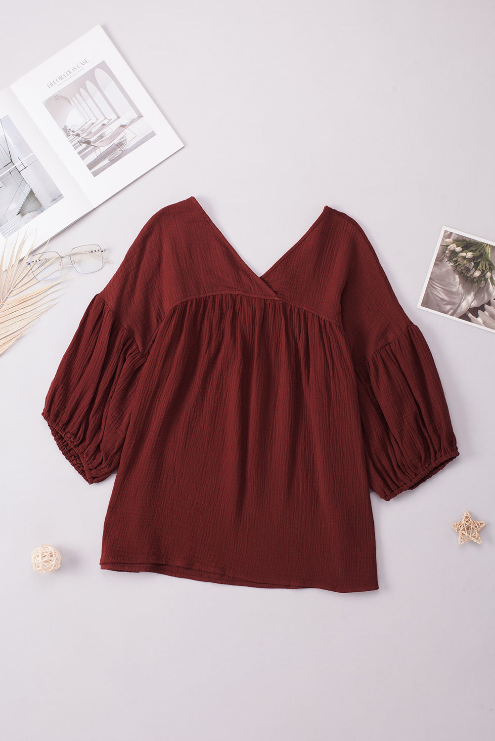 Dropped Shoulder V-Neck Blouse - Pahabu - Women's Clothing & Shop