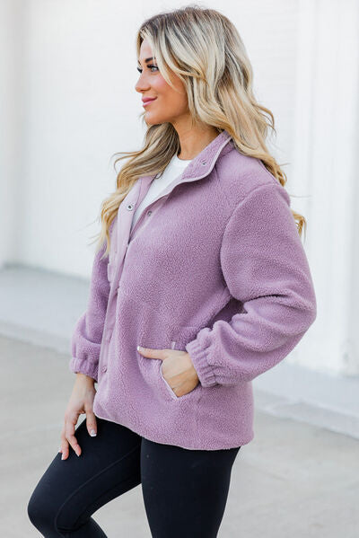 Snap Down Long Sleeve Sherpa Jacket - Pahabu - Women's Clothing & Shop