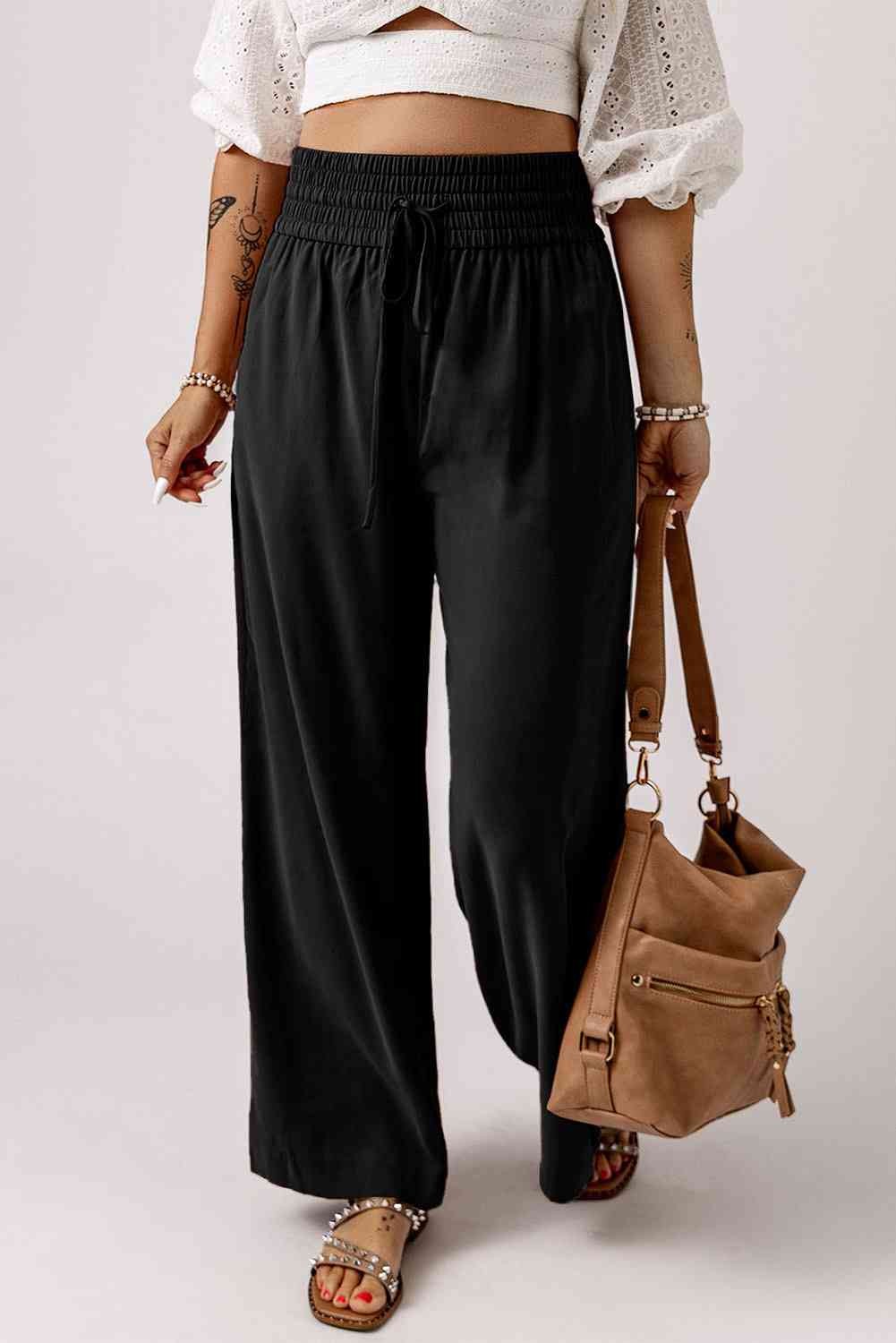 Drawstring Smocked Waist Wide Leg Pants - Pahabu - Women's Clothing & Shop