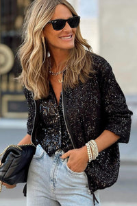 Sequin Zip Up Long Sleeve Jacket - Pahabu - Women's Clothing & Shop