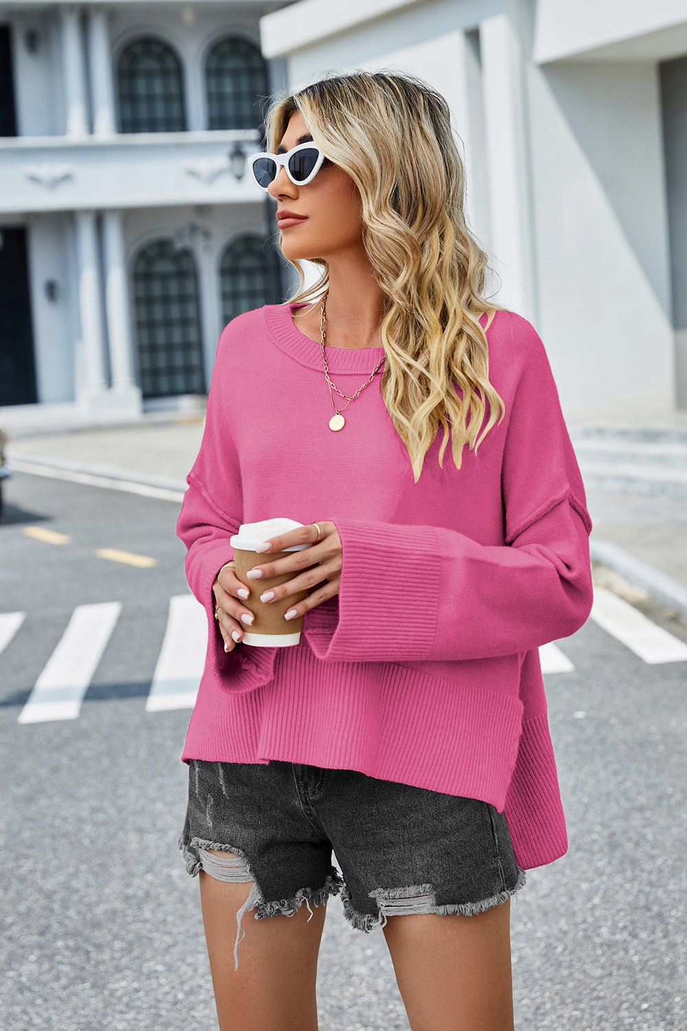 High-Low Slit Round Neck Long Sleeve Sweater - Pahabu - Women's Clothing & Shop