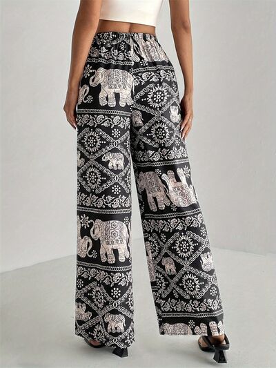 Printed Wide Leg Elastic Waist Pants - Pahabu - Women's Clothing & Shop