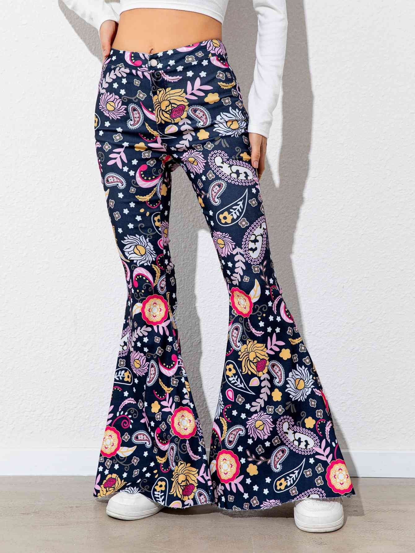 Floral High Waist Flare Leg Pants - Pahabu - Women's Clothing & Shop