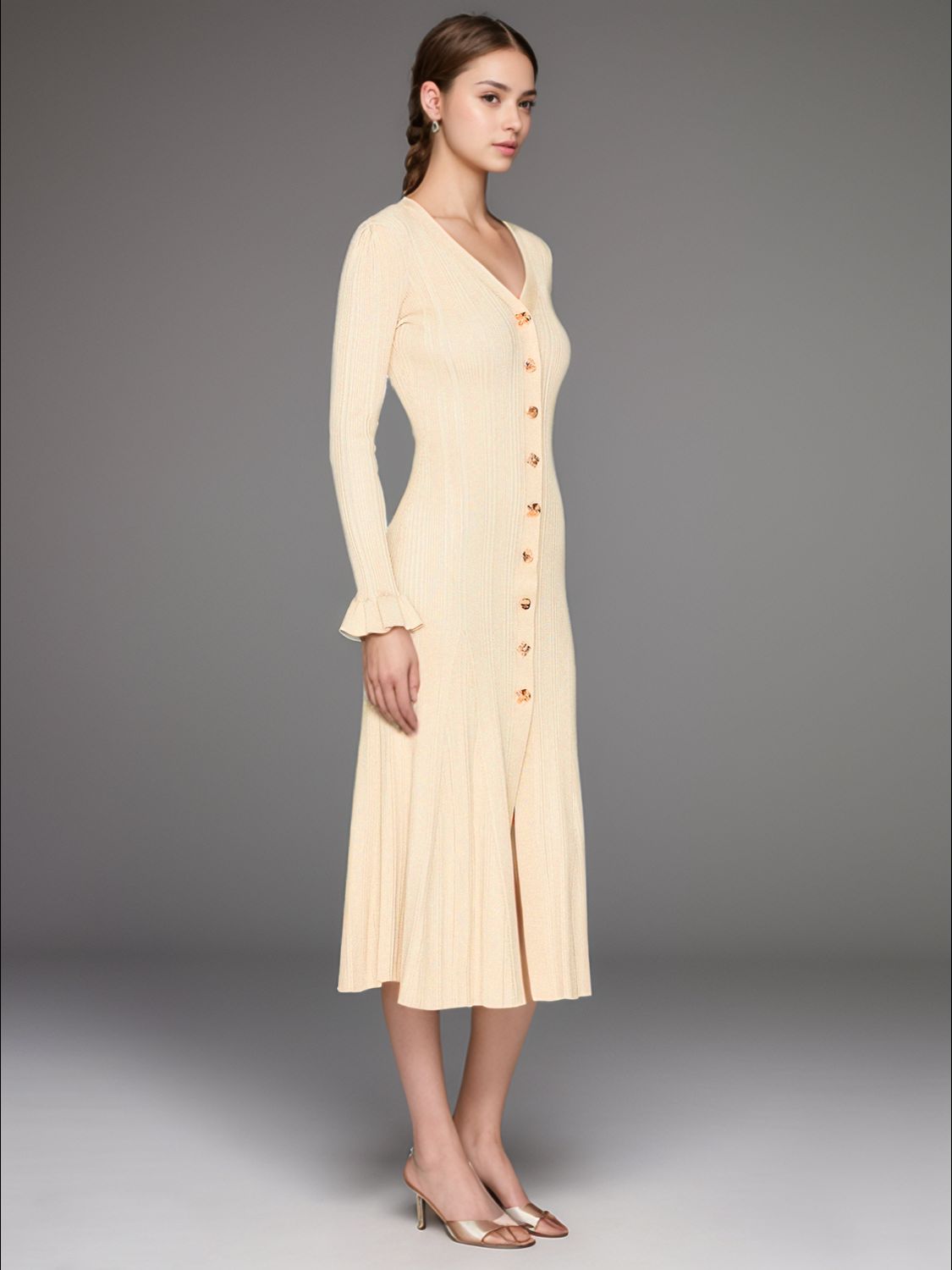 V-Neck Flounce Sleeve Sweater Dress - Pahabu - Women's Clothing & Shop