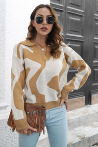 Two-Tone Johnny Collar Dropped Shoulder Pullover Sweater - Pahabu - Women's Clothing & Shop