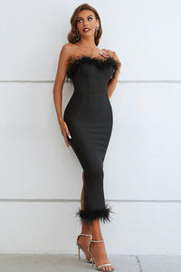 Feather Trim Strapless Sweetheart Neck Dress - Pahabu - Women's Clothing & Shop