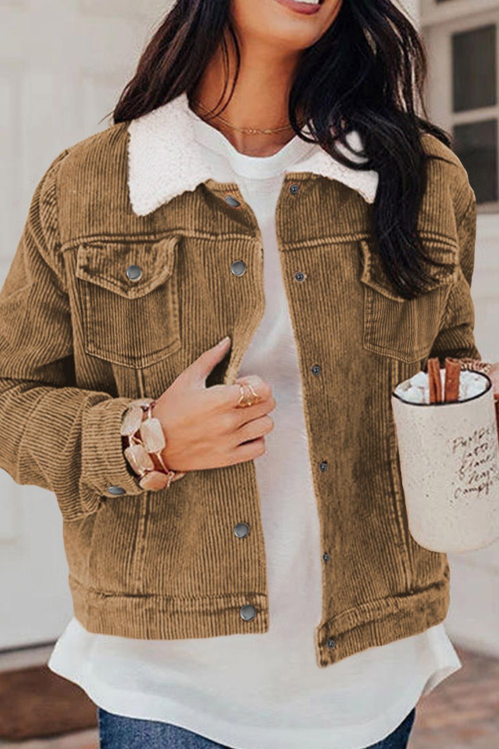 Corduroy Collared Neck Snap Down Jacket - Pahabu - Women's Clothing & Shop