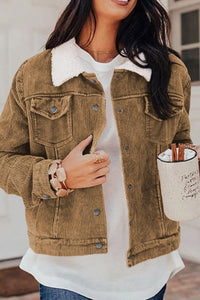 Corduroy Collared Neck Snap Down Jacket - Pahabu - Women's Clothing & Shop