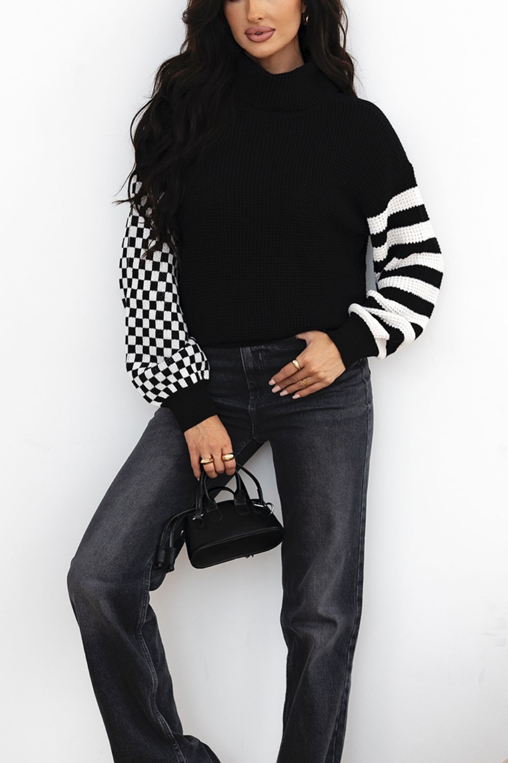 Striped & Checkered Turtleneck Dropped Shoulder Sweater - Pahabu - Women's Clothing & Shop