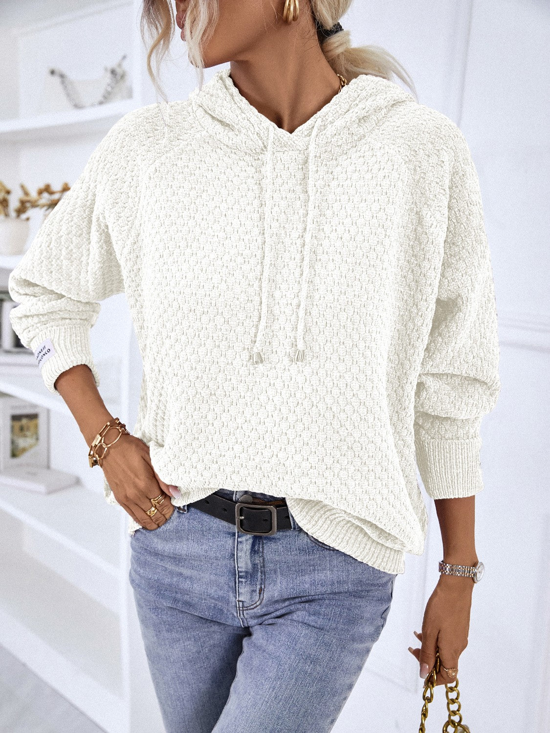 Texture Drawstring Long Sleeve Hooded Sweater - Pahabu - Women's Clothing & Shop