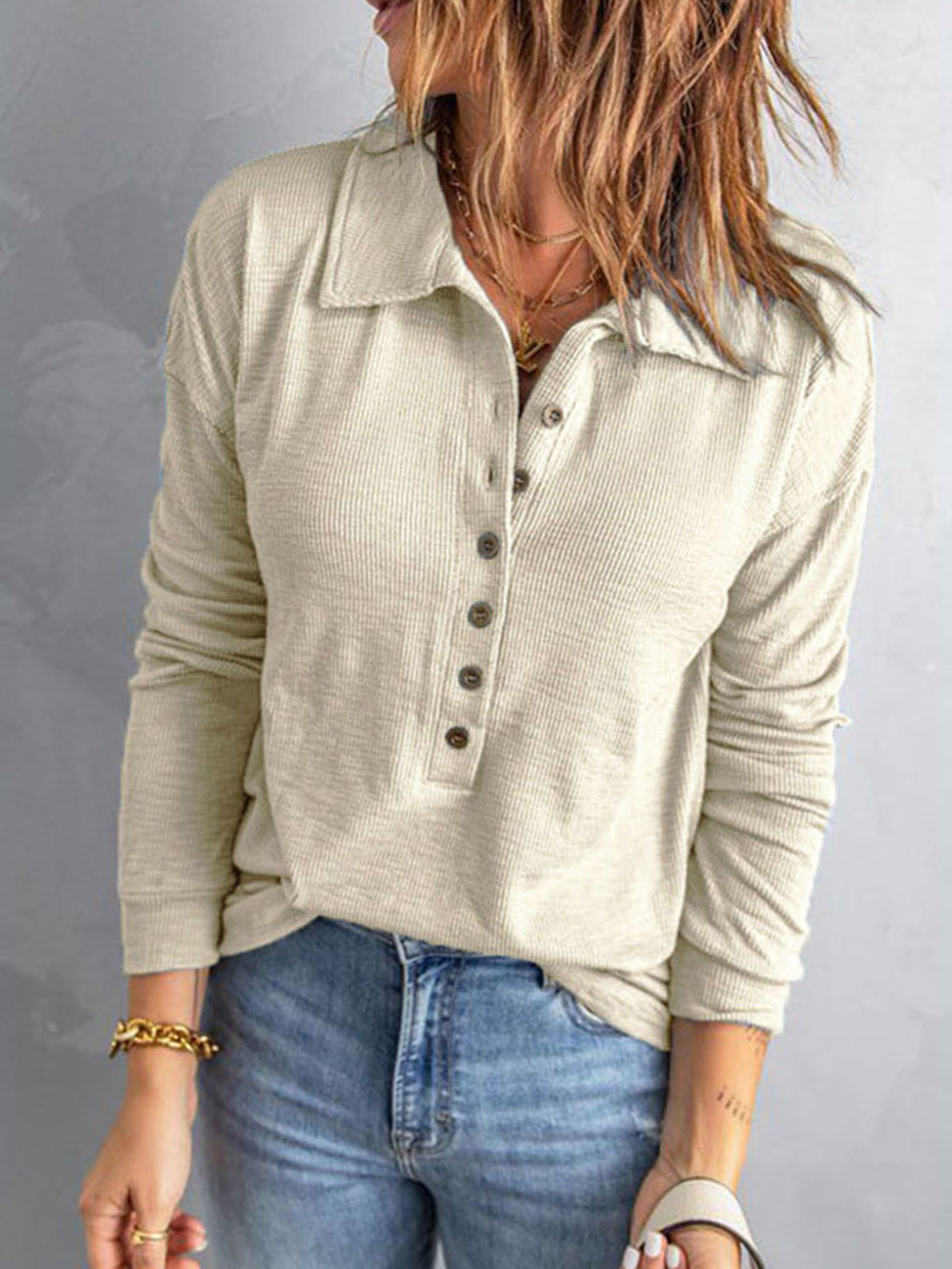 Collared Neck Half Button Top - Pahabu - Women's Clothing & Shop